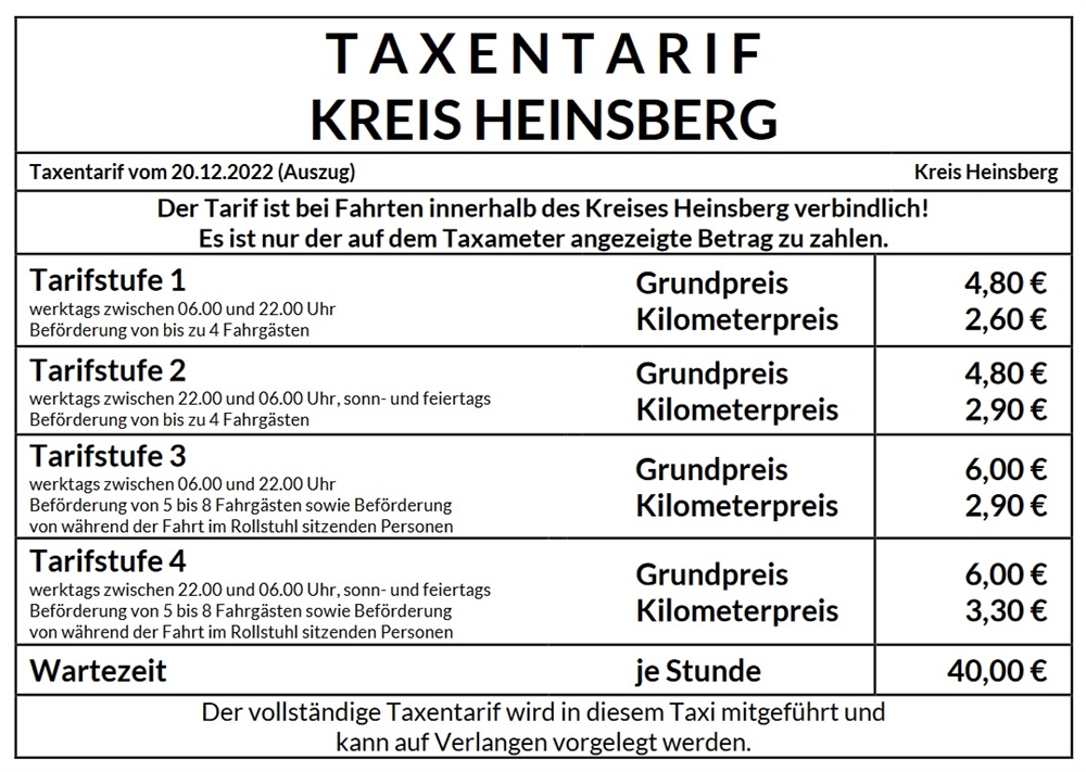 Taxi Tarif Heinsberg